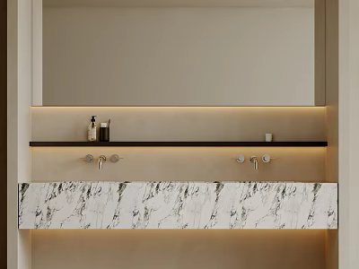 Wall Mounted Modern Washbasin With Marble Countertop Dual Faucets Backlit Mirror And Shelf 3d model