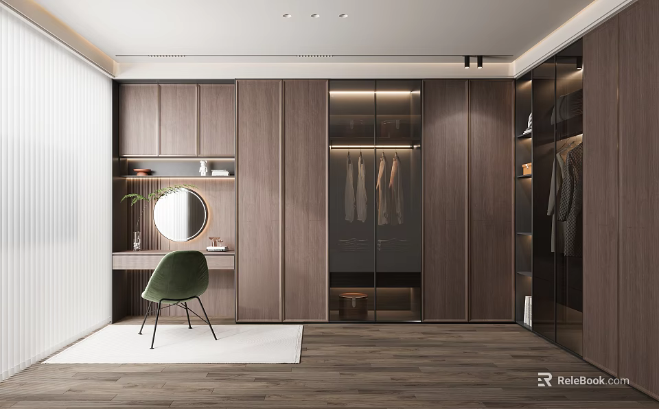 Modern Walk in Closet Interior Design With Open Wooden Cabinets Mirror And Lighting 3d model 