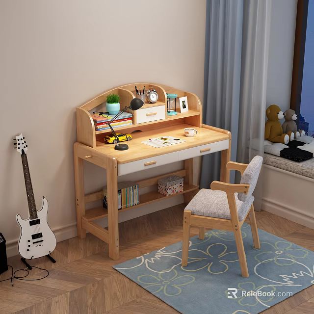 Wooden Desk With Table Lamp Potted Plant Books And Stationery On Shelf With Chair 3d model 