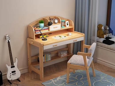 Wooden Desk With Table Lamp Potted Plant Books And Stationery On Shelf With Chair 3d model