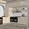 Modern Kitchen Interior With White Cabinets Built in Oven Blue Light Wine Cooler Refrigerator And Area Rug