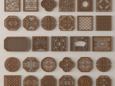 Decorative Wooden Lattice Carved Windows in Various Shapes With Intricate Patterns 3d model