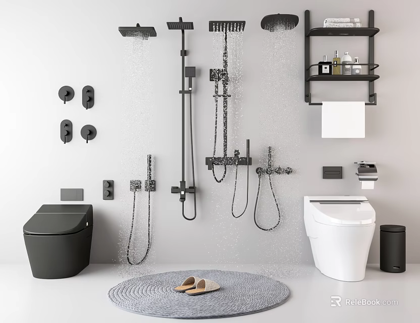 Modern Bathroom Set With Toilet Shower Fixtures Shelves Towel Toiletries Slippers And Mat 3d model 