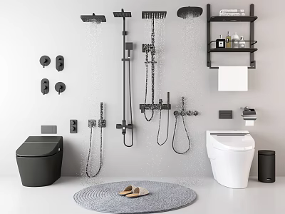 Modern Bathroom Set With Toilet Shower Fixtures Shelves Towel Toiletries Slippers And Mat 3d model
