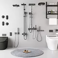 Modern Bathroom Set With Toilet Shower Fixtures Shelves Towel Toiletries Slippers And Mat