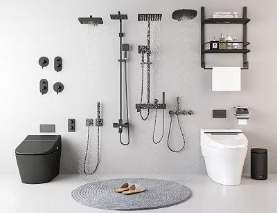 Modern Bathroom Set With Toilet Shower Fixtures Shelves Towel Toiletries Slippers And Mat 3d model