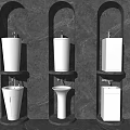 White Bathroom Sinks With Various Modern Designs And Marble Wall Background 3d model