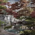Tranquil Garden Landscape With Red Maple Trees Green Foliage Pond Reflections And Stone Features