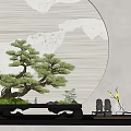 Chinese Style Pine Bonsai Tree On Decorative Shelf With Cloud Pattern Wall And Small Ornaments 3d model