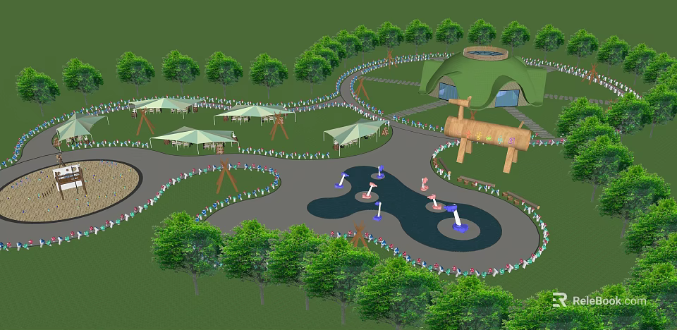 Scenic Park Landscape With Green Trees Canopied Areas Fountains Circular Pathways And Wooden Sign 3d model 