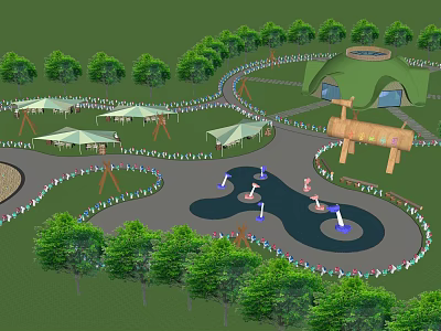 Scenic Park Landscape With Green Trees Canopied Areas Fountains Circular Pathways And Wooden Sign 3d model