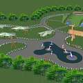 Scenic Park Landscape With Green Trees Canopied Areas Fountains Circular Pathways And Wooden Sign