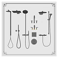 Various Types of Shower Fixtures Including Handheld Overhead and Wall Mounted Displayed on White Background