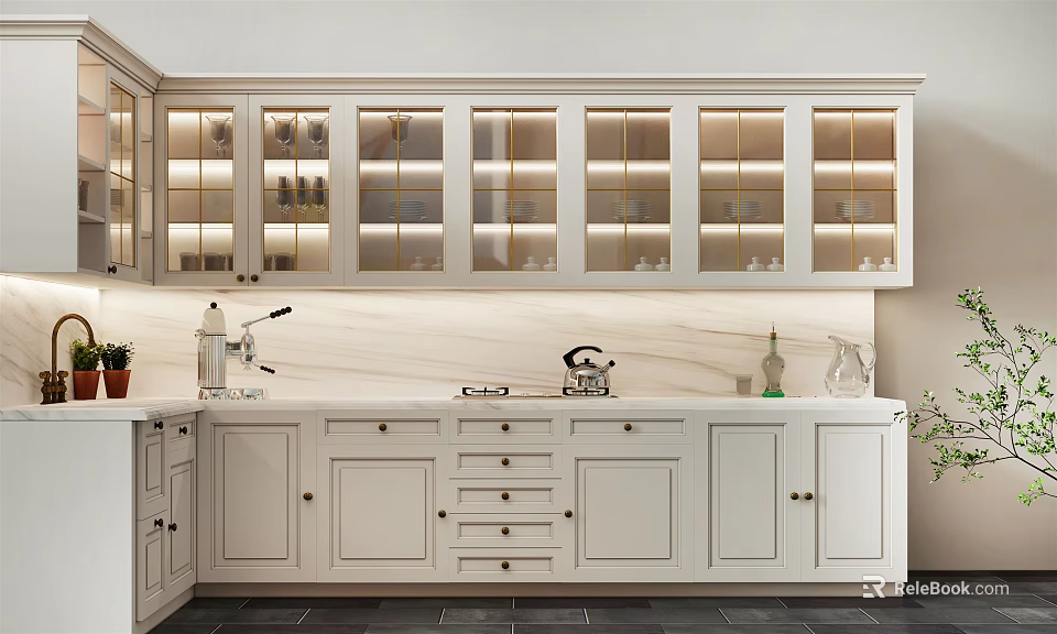 White Kitchen Cabinets with Glass Doors Upper Units and Marble Countertop Sink Faucet 3d model 