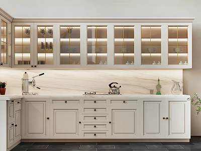 White Kitchen Cabinets with Glass Doors Upper Units and Marble Countertop Sink Faucet 3d model