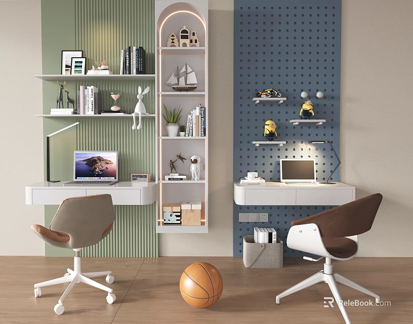 Modern Desk With Bookshelves Decorations Laptop Chairs And Basketball In Room 3d model 