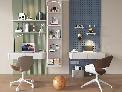 Modern Desk With Bookshelves Decorations Laptop Chairs And Basketball In Room 3d model