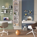 Modern Desk With Bookshelves Decorations Laptop Chairs And Basketball In Room