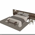 Double Bed with Wooden Headboard Pillows Bedding Table Lamp Bench and Chair in Cozy Bedroom