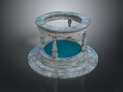 Round Stone Architectural Structure With Central Blue Water Pool And Ornate Pillars 3d model