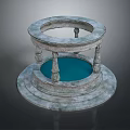 Round Stone Architectural Structure With Central Blue Water Pool And Ornate Pillars