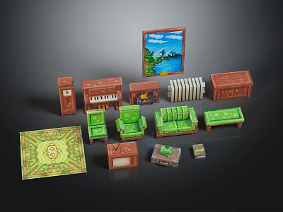 Wooden And Green Furniture Equipment Including Sofa Cabinet Carpet And Piano 3d model