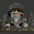 Elderly Figure with Large Mushroom Cap and Small Creatures in Rocky Mossy Setting with Staff