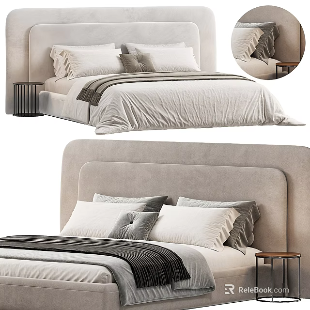 Double Bed with Upholstered Headboard and White Gray Pillows on Neutral Bedspread beside Nightstand 3d model 