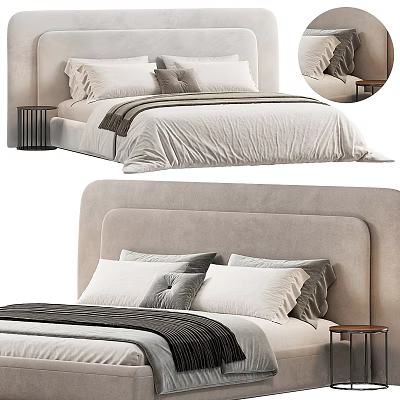 Double Bed with Upholstered Headboard and White Gray Pillows on Neutral Bedspread beside Nightstand 3d model