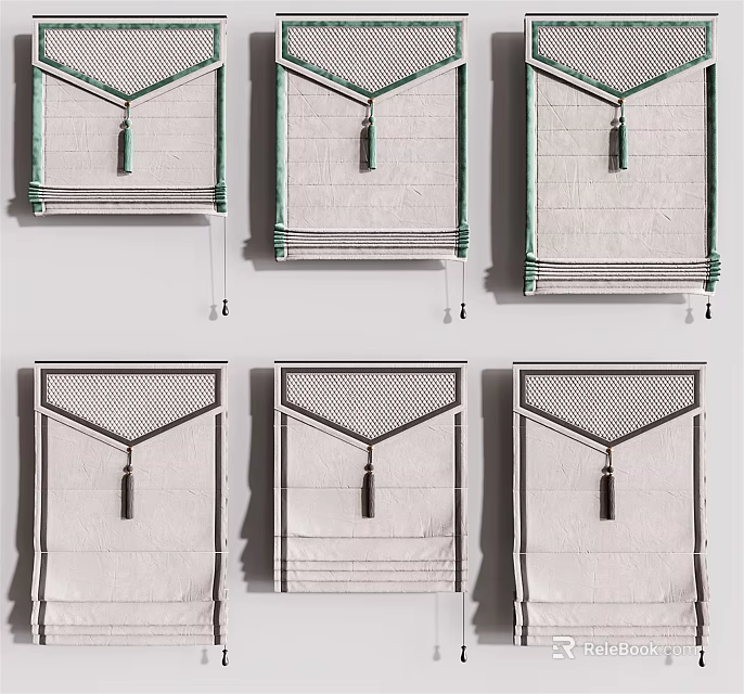Modern Roman Blinds With Green Trim Tassel Accents And Mesh Design 3d model 