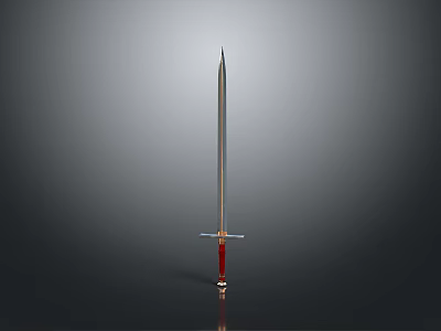 Sword with slim blade red hilt and metal guard against gray gradient background 3d model