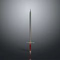 Sword with slim blade red hilt and metal guard against gray gradient background