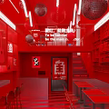 Vibrant Red Interior With Text Covered Walls And Matching Tables Chairs