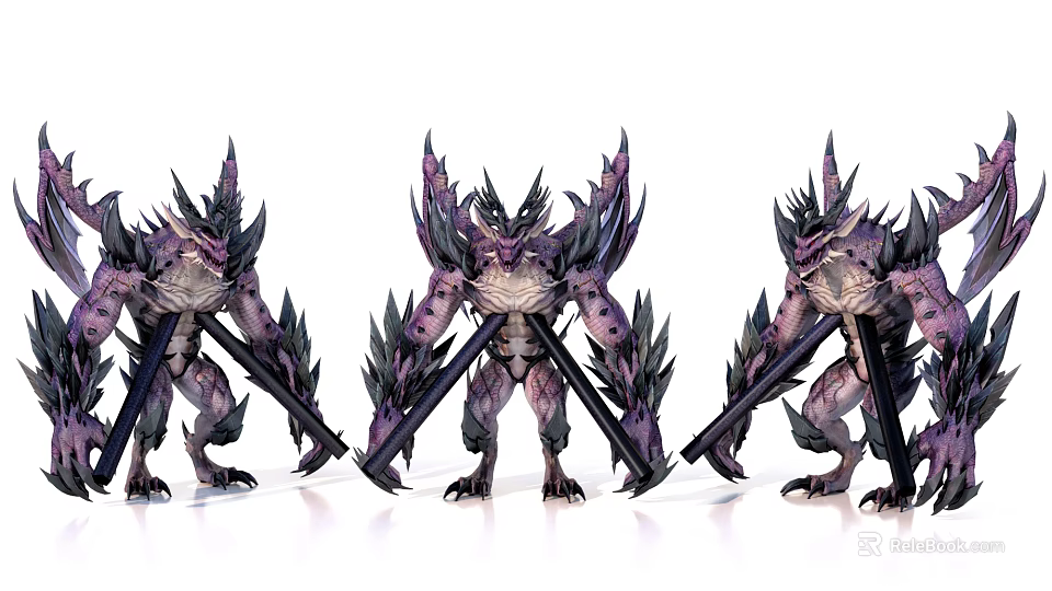 Game and Movie Mythical Monster Character With Purple Black Spiked Armor And Weapons 3d model 