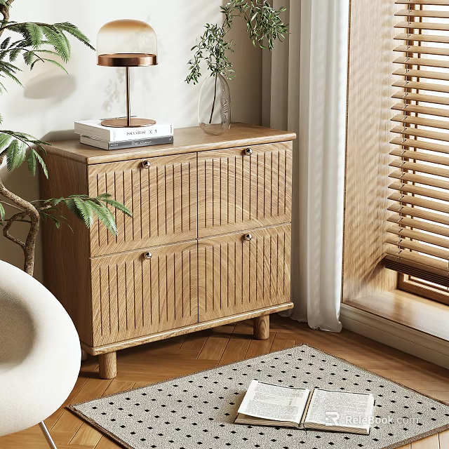 Natural Wooden Storage Cabinet With Lamp Books And Plants In Living Room Corner 3d model 