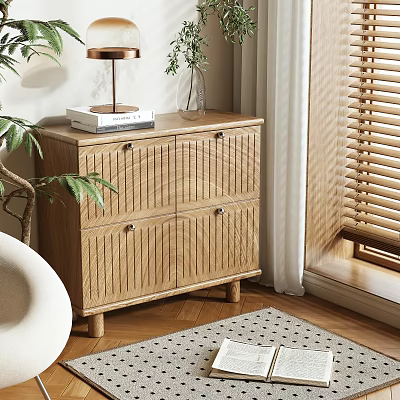 Natural Wooden Storage Cabinet With Lamp Books And Plants In Living Room Corner 3d model