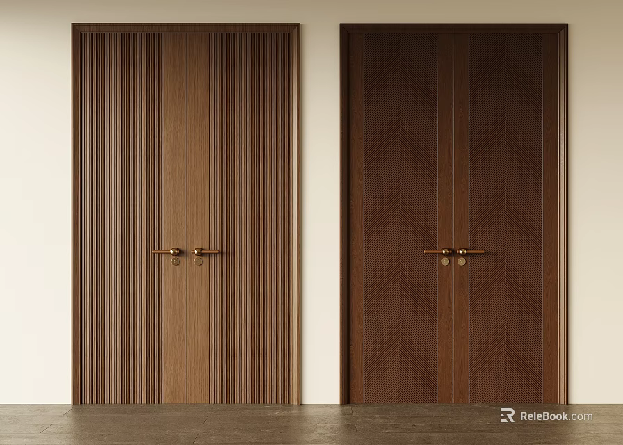 Brown Wooden Double Doors With Straight Grain Herringbone Pattern And Golden Handles 3d model 