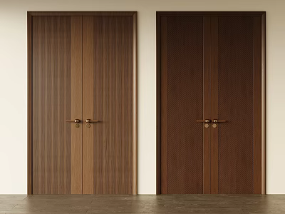 Brown Wooden Double Doors With Straight Grain Herringbone Pattern And Golden Handles 3d model