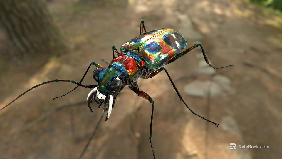Vibrant Iridescent Beetle With Long Legs And Large Mandibles In Natural Habitat 3d model 
