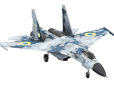 Camouflage Painted Fighter Jet With Twin Vertical Tails And Yellow Wing Emblems 3d model