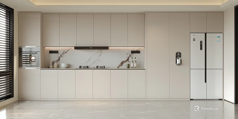 Modern Minimalist Kitchen With Light Tone Cabinets And Marble Backsplash 3d model
