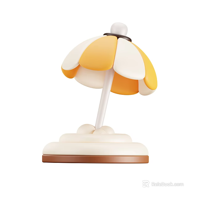 Yellow And White Striped Sunshade With Beach Themed White And Brown Base 3d model 
