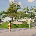 Circular Urban Park Featuring Central Lawn Tree Surroundings Walking Paths Benches And Pavilion
