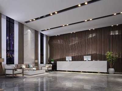 Modern Hotel Lobby Design With Wooden Striped Wall Reception Desk Sofa Area And Ceiling Lights 3d model