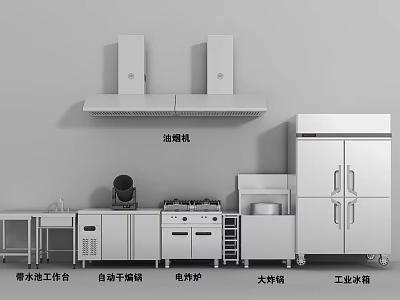 Industrial Kitchen Appliances With Range Hood Automatic Dishwasher Electric Fryer And Refrigerator 3d model