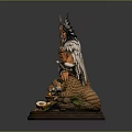 Native American Statue With Feathered Headdress Spear Leopard And Fruit Basket