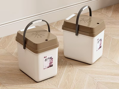 Two White Laundry Storage Containers With Brown Lids And Handles For Daily Use 3d model