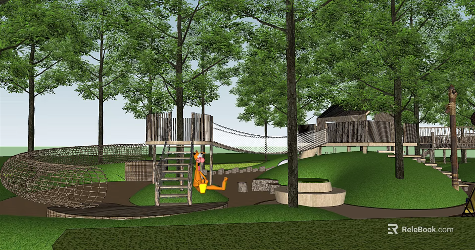 Outdoor Children's Playground With Wooden Climbing Structure Swing Green Trees And Grassy Area 3d model 