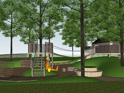 Outdoor Children's Playground With Wooden Climbing Structure Swing Green Trees And Grassy Area 3d model