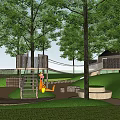 Outdoor Children's Playground With Wooden Climbing Structure Swing Green Trees And Grassy Area